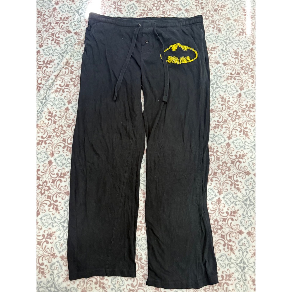 Batman Mens Lounge Pajama Pants Black Yellow Logo Drawstring Size Medium